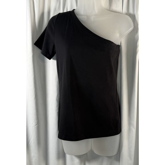 Ann Taylor Short Sleeve One Shoulder Cotton Blend T-Shirt, Black, Sz: S, 83-31 - Picture 3 of 12